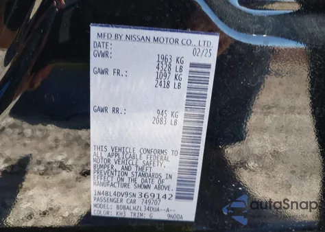 2025 Nissan Altima Sv Fwd из США, поврежденный, VIN 1N4BL4DV9SN369142